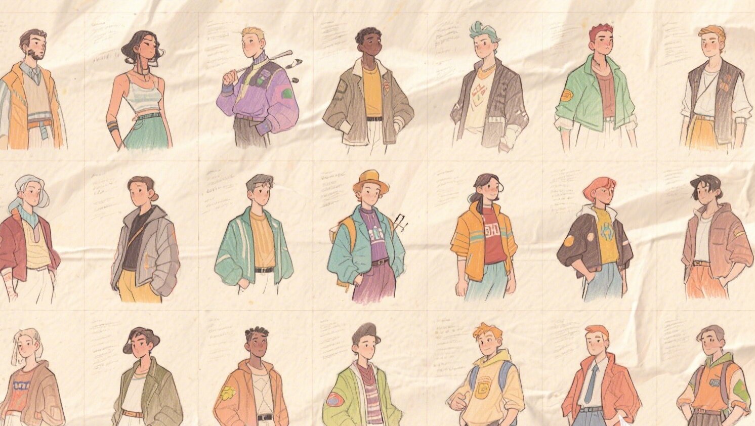 Character profile sketches with personality traits and background (1)